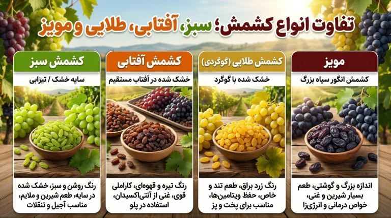 تفاوت کشمش سبز آفتابی طلایی و مویز