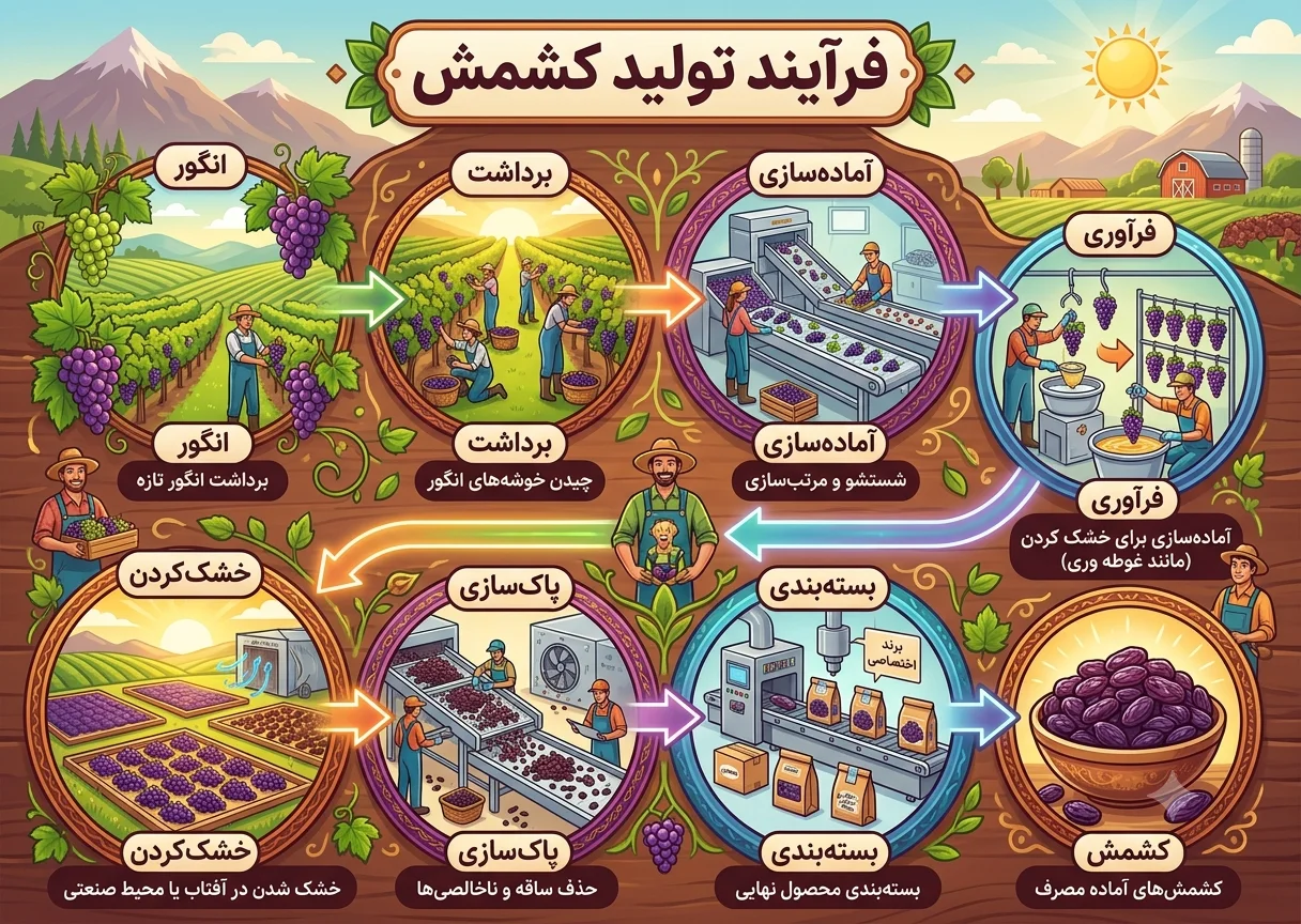 مراحل تولید کشمش از انگور تا محصول نهایی